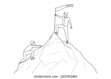 Businessman put flag on mountain peak reach top faster than rival. Male employee succeed in work accomplishment. Vector illustration. 