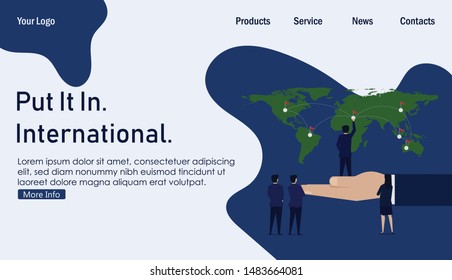 Businessman put flag to world map expansion company global network. Business Landing Page.