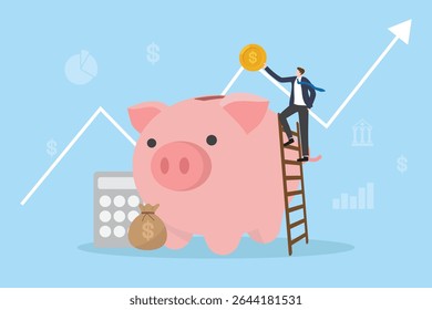 Empresário colocou moeda de ouro em cofrinho. Conceito de economia de dinheiro, planejamento de aposentadoria financeira, negócio de crescimento, investimento de alto retorno, aumento de lucros, gestão de dinheiro ilustração vetor plana.