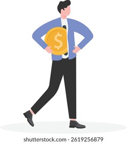 um homem de negócios pôs uma moeda de ouro em seu corpo. Invista em si mesmo e em conceitos de autoaperfeiçoamento.

