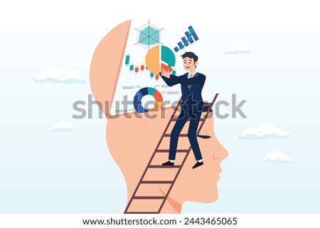 Businessman put graph diagram report on human head brain, data scientist, research information or data analysis, intelligence info or knowledge to analyse report, big data or genius (Vector)