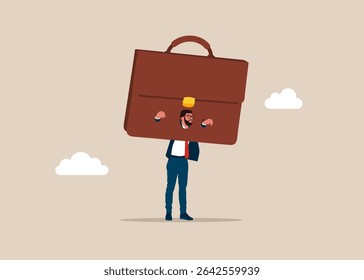 Businessman put her head in guillotine briefcase. humiliation and punishment. Frustrated businessman. Job search, hiring, employment, freelance, jobs makes him crazy. Flat vector illustration