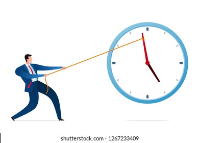 Businessman put his strength to stop the time and deadline. Business concept vector illustration.