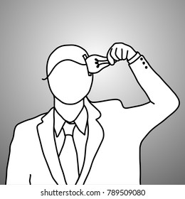 businessman put idea into his head vector illustration doodle sketch hand drawn with black lines isolated on gray background. Business concept. 