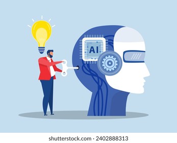 Businessman put key into robbot ,automation and machine learning to help of artificial intelligence Development concept.flat vector