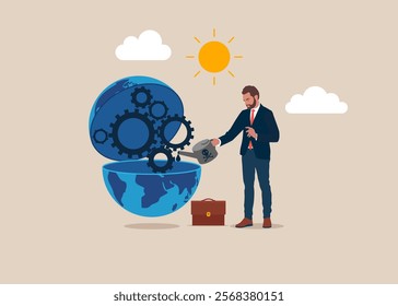 Businessman put lubricant oil on machine gear of opening globe. International opportunity for business, work or investment, searching for oversea business concept. Flat vector illustration.