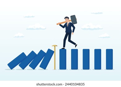 Der Geschäftsmann hat den Nagel zum Schutz des Dominoeffekts, des Zusammenbruchs, der Geschäftskontinuität und der Wiederherstellung, des Krisenmanagements, des proaktiven Schutzes von Katastrophen und Risiken, der Prävention oder der Strategie zur Vermeidung von Gefahren (Vector)