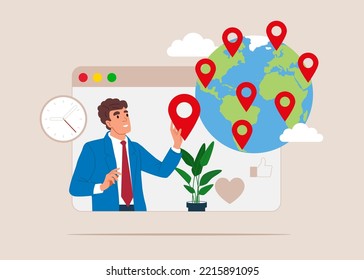 Businessman put new branch pin on world map across globe.Global business expansion, open company branches, franchise in new location to cover all continent, growing business worldwide.