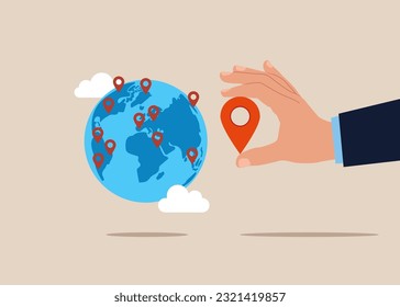 Businessman put new branch pin on world map across globe. Open company branches, franchise in new location. Flat vector illustration