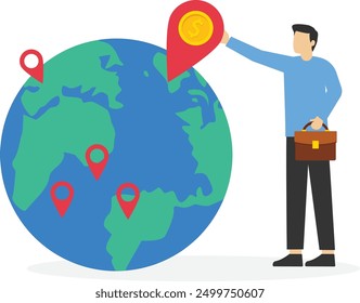 Businessman put new branch pin on world map, growing business worldwide, global business expansion, open company branches, Vector illustration design concept in flat style

