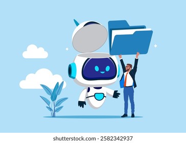 Businessman put new folder in open robot head. Savings, Collecting Money in Account, Open Bank Deposit. World economic vision for business, technology or investment. Artificial intelligence. 