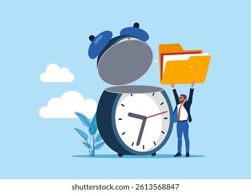Businessman put new folder in open alarm. Savings, Collecting Money in Account, Open Bank Deposit. World economic vision for business, technology or investment. 