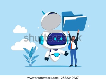 Businessman put new folder in open robot head. Savings, Collecting Money in Account, Open Bank Deposit. World economic vision for business, technology or investment. Artificial intelligence. 