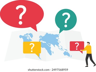 Businessman put new question mark on world map across globe. Confusion problem or doubt, lost in trouble or complexity, misunderstanding.

