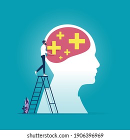 Businessman put positive thinking on big head, Symbolic creative strategy for success, enjoy feeling and dream control strategy