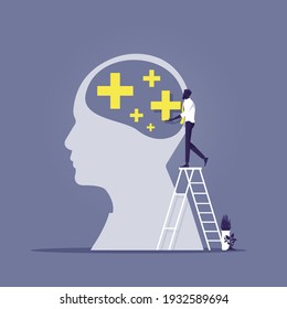 Businessman put positive thinking on big head, Symbolic creative strategy for success, enjoy feeling and dream control strategy