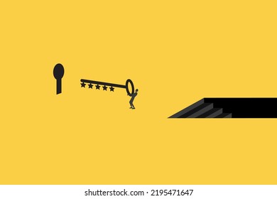 businessman put a stars key in its place as an problem solution. Symbol of progress, success, motivation, ambition and achievement