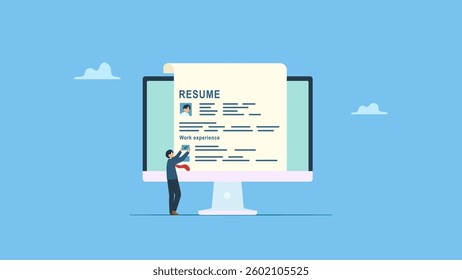 Businessman put work experience on applicant resume or CV. Work experience on resume, skill or qualification, biography or expertise, job opportunity, capability or competence, work certification