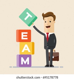 Businessman puts cubes with the word Team.  HR concept. Vector, Illustration, Flat