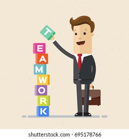 Businessman puts cubes with the word Teamwork. Business and HR concept. Vector, Illustration, Flat