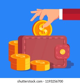 Businessman puts gold coins into the wallet