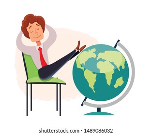 Businessman puts his feet on the globe. A symbol of traveling around the world. Vector illustration.