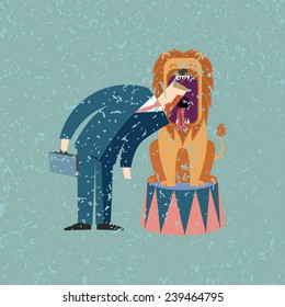 businessman puts his head in the lion's mouth, risk concept 