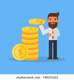 Businessman puts money coins in a pile