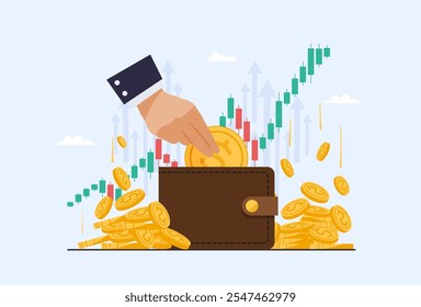 Businessman puts money in his wallet. Banner with growing income chart, Japanese candlesticks and piles of money. Concept of successful investments, stock market, business development. Flat vector