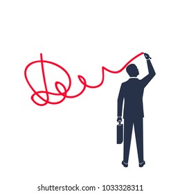 Businessman puts signature silhouette icon. Vector illustration flat design. Modern technology business. Agree pictogram. Legal confirmation.