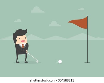 Businessman putting the ball to the hole. Business concept cartoon illustration.