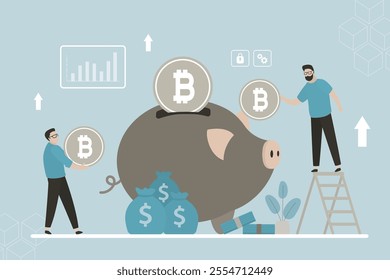 Businessman putting bitcoin into piggy bank. Crypto currency savings concept. Investor throwing bitcoin into piggybank. Asset management. Deposit, finance, investment concept. flat vector illustration