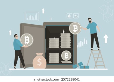 Businessman putting bitcoin into strong box. Crypto currency savings. Investor insert bitcoin in virtual metal safe. Asset management. Deposit, finance, investment concept. flat vector illustration