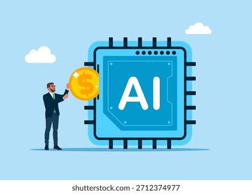Empresário colocando moeda um chip de inteligência artificial. Serviços pagos em aprendizagem de IA e sistema de inteligência artificial Processamento e gestão de internet das coisas. Ilustração de vetor plano