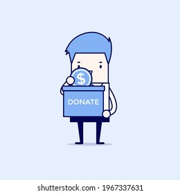 Businessman putting coin in the donation box. Cartoon character thin line style vector.