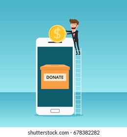 Businessman putting coin in the donation box on smartphone. Charity Donation concept. Cartoon Vector Illustration.