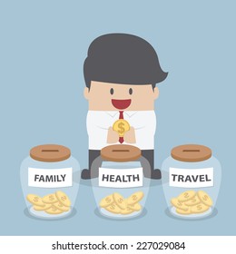 Businessman putting coin into Family, Health, Travel bottle, Financial concept, VECTOR, EPS10