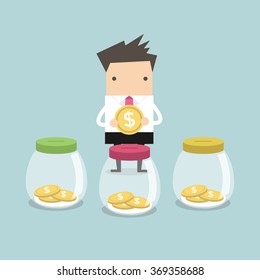 Businessman putting coin into jar vector