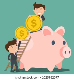 Businessman putting a coin into a piggy bank.Saving and investing money concept.Vector illustration.