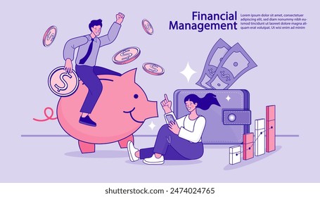 Businessman putting a coin into a piggy bank. Save money concept. Money management business. savings for retirement. woman ride and control piggy bank. Business and investment. Vector illustration.