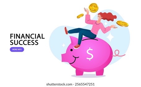 Businessman putting a coin into a piggy bank. Save money concept. Money management business. savings for retirement. woman ride and control piggy bank. Business and investment. Vector illustration.