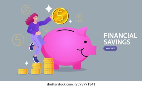 Businessman putting a coin into a piggy bank. Save money concept. Money management business. savings for retirement. woman ride and control piggy bank. Business and investment. Vector illustration.