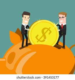 Businessman putting coin into piggy bank. Flat design business concept illustration. Vector