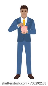 Businessman putting a coin into piggy bank. Full length portrait of Black Business Man in a flat style. Vector illustration.