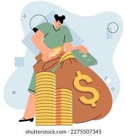 Businessman putting coins in money bag. Coin stack step growing growth. Saving dollar cash concept. Capital business investment. Money deposit. Finance management and banking, earning and profit