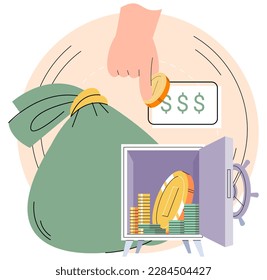 Businessman putting coins in money bag. Saving dollar cash. Capital business investment. Money deposit. Finance management and banking, earning and profit. Coins and banknotes in secret metal safe