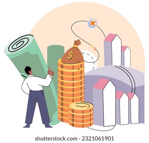 Businessman putting coins in money bag. Coin stack step growing growth. Saving dollar cash concept. Capital business investment. Money deposit. Finance management and banking, earning and profit