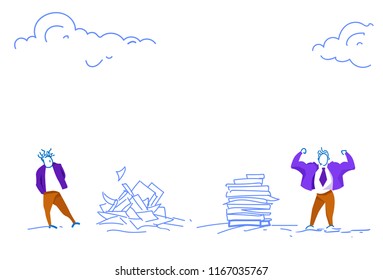 businessman putting documents stack coworkers competition concept business man team leader sketch doodle horizontal vector illustration