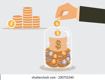 businessman putting a dollar coin into glass bottle. vector illustration