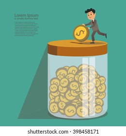 Businessman Putting A Dollar Coin Into Jar. Vector Illustration